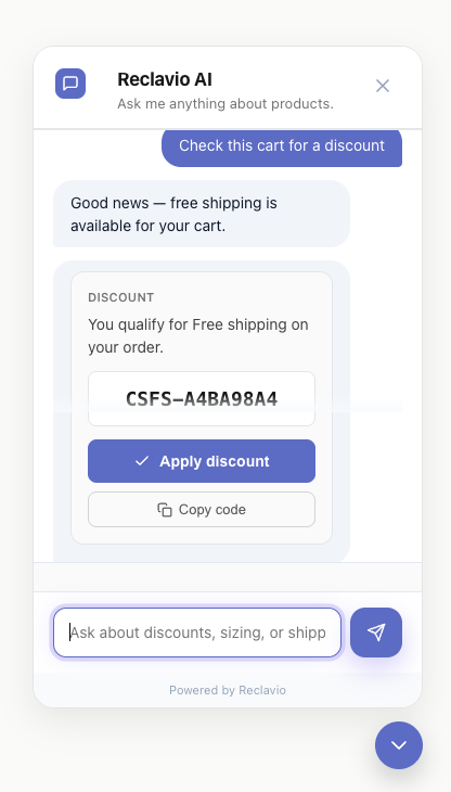 Reclavio widget opening from bubble to chat and showing an offer card